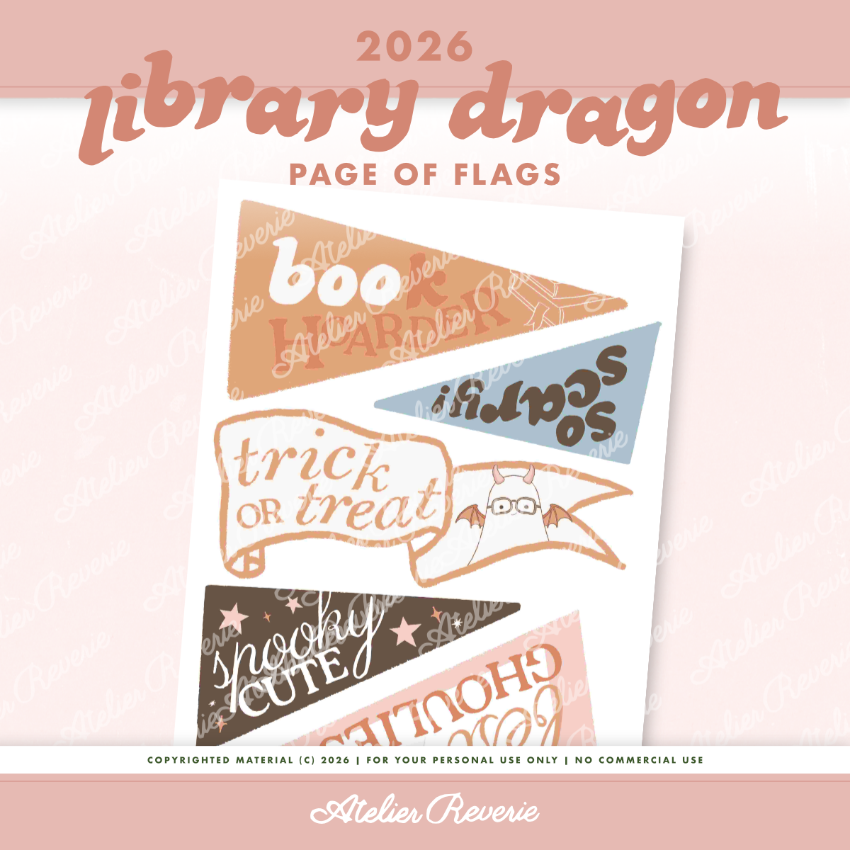 Printable Halloween flags illustrated with the Library Dragon among books